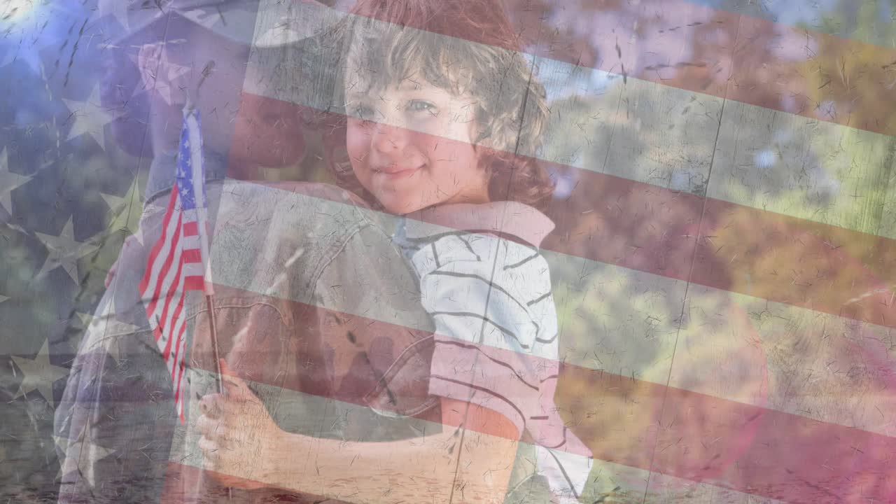 animación de una soldado con su hijo sobre la bandera estadounidense