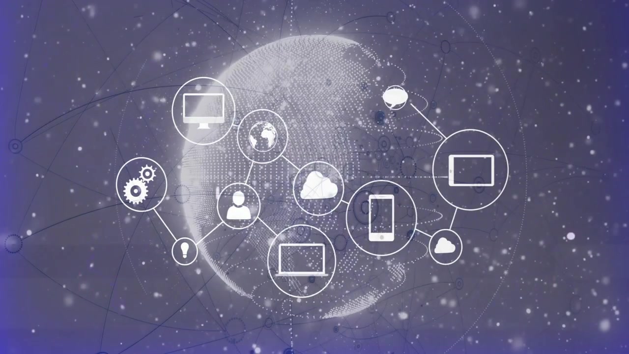 At start glowing wireframe globe expanding network icons around it to visualize cloud network