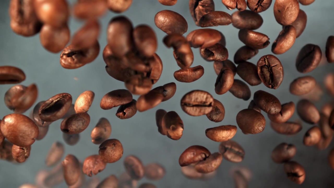 Chicchi di caffè tostati in caduta al rallentatore con fumo