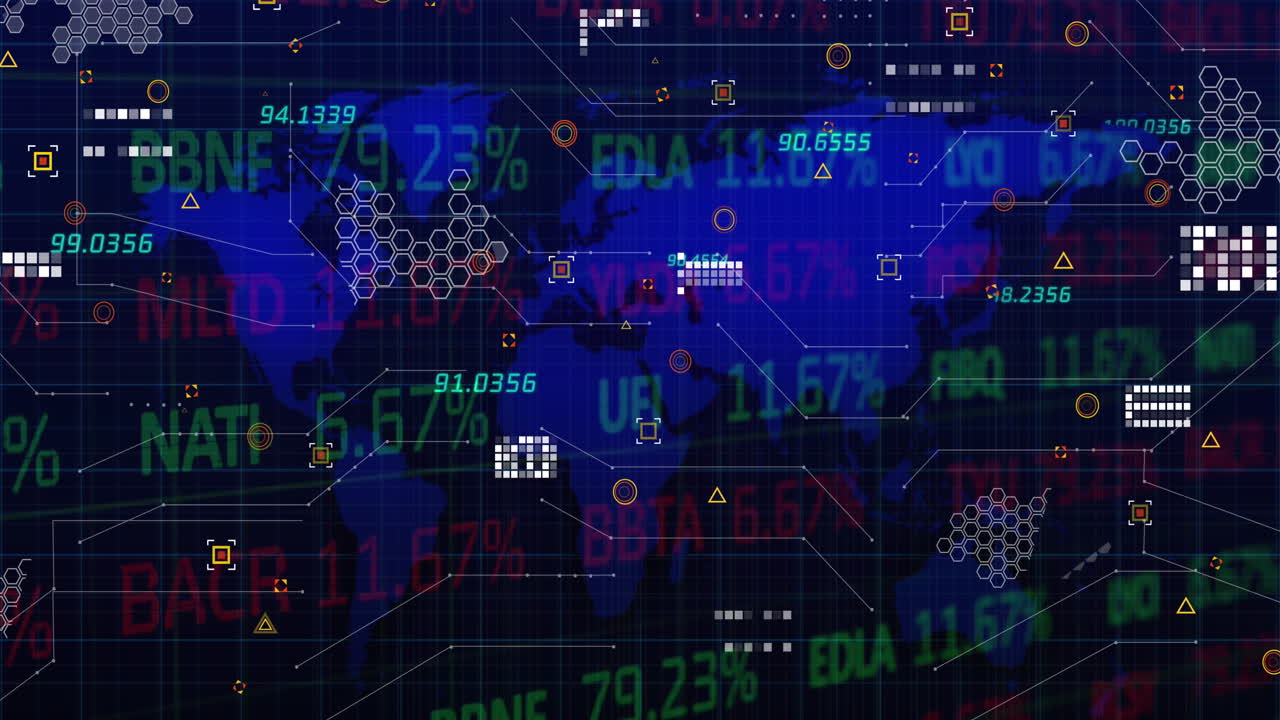 Animation of financial data processing over world map