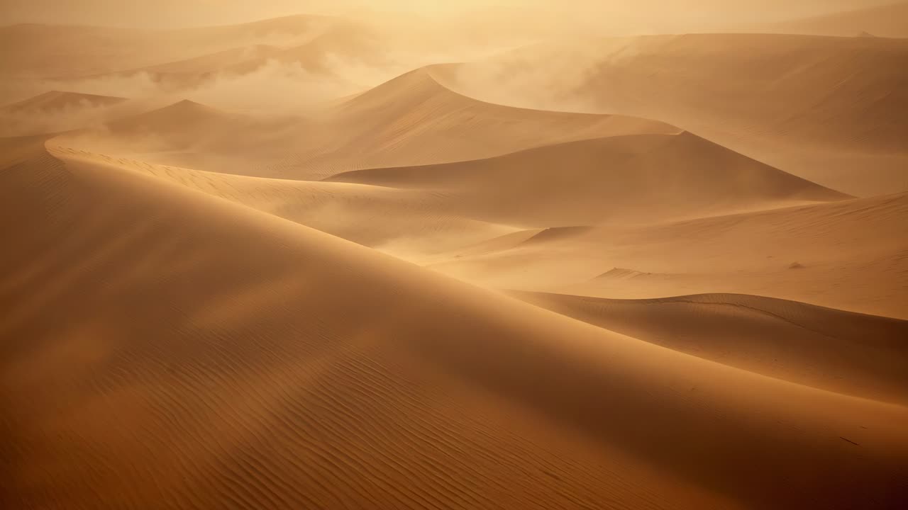 Vento mutevole che trasporta sabbia sulle creste delle dune centrali in un deserto remoto, modellando pendii increspati