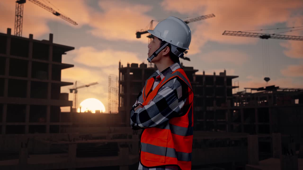 Side View Of Asian Male Engineer With Safety Helmet Crossing His Arms And Looking Around While Standing At Building & Construction Site in Progress to New House