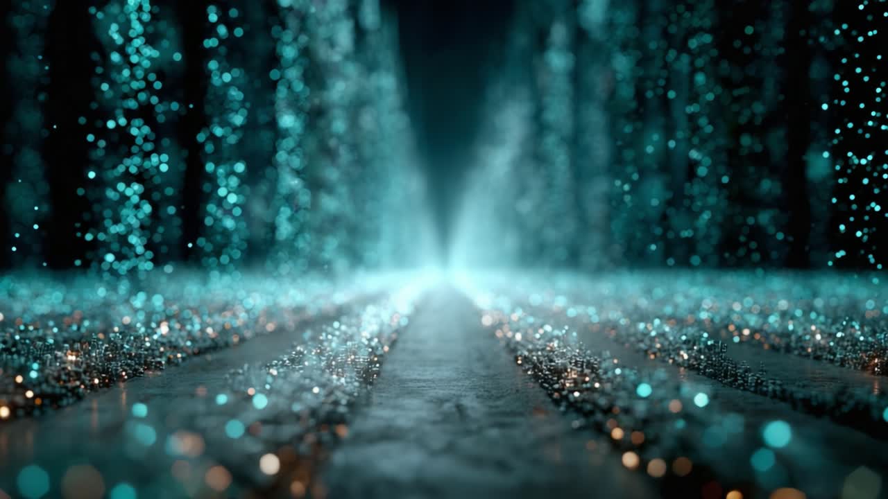 A Journey Through a Stunning Digital Pathway Enhanced by Glittering Particles Creating an Enchanting Visual Experience of Light and Depth in an Abstract Setting