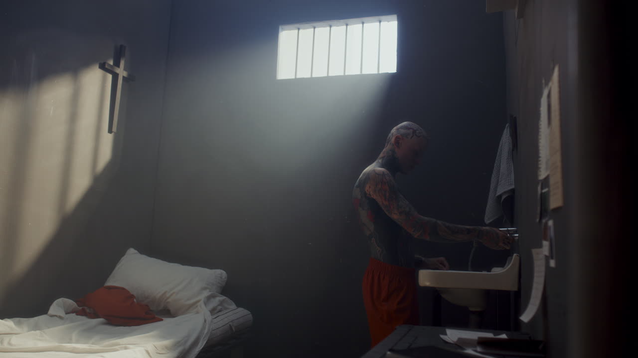 Tattooed Inmate Washing His Hands and Face above Sink in Prison Cell