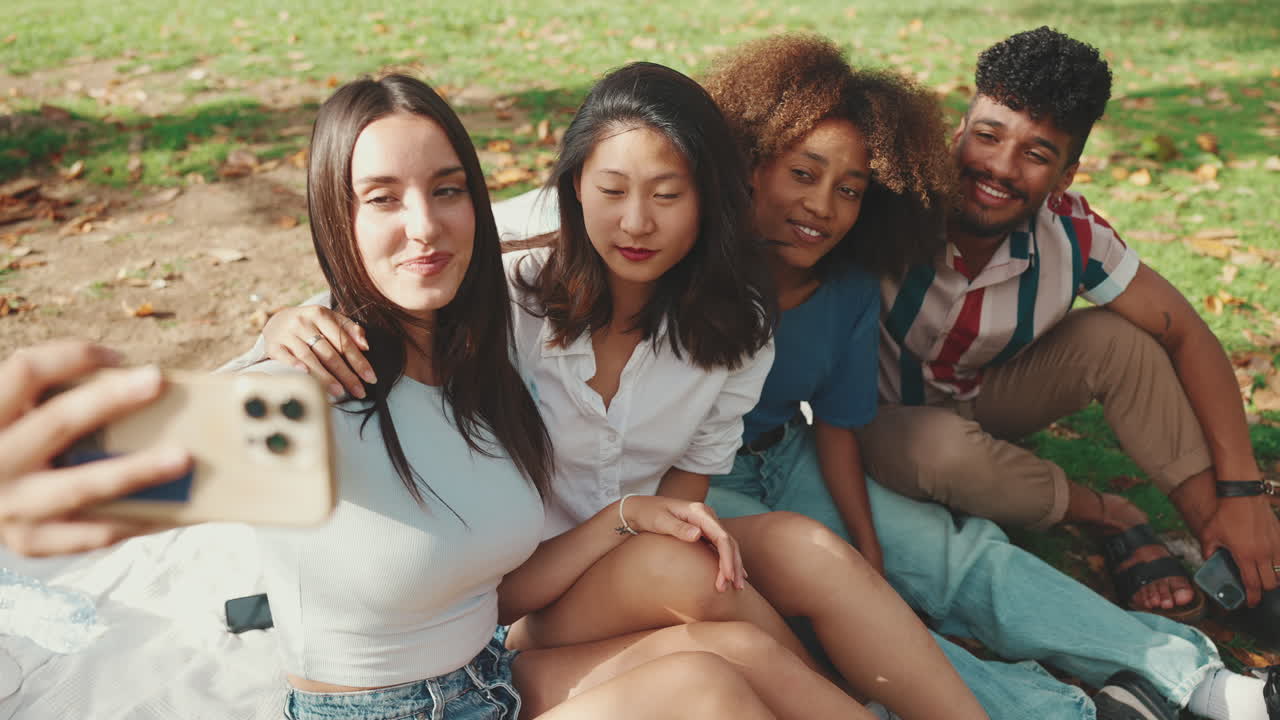 amigos tomando selfies en el parque