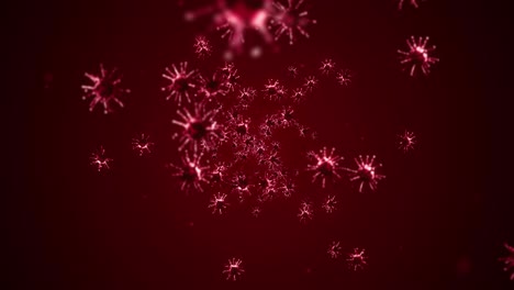 volando muchas células de virus en fondo rojo. concepto médico, ilustración microscópica. animación 3d de la molécula de virus girando. animación de bucle.