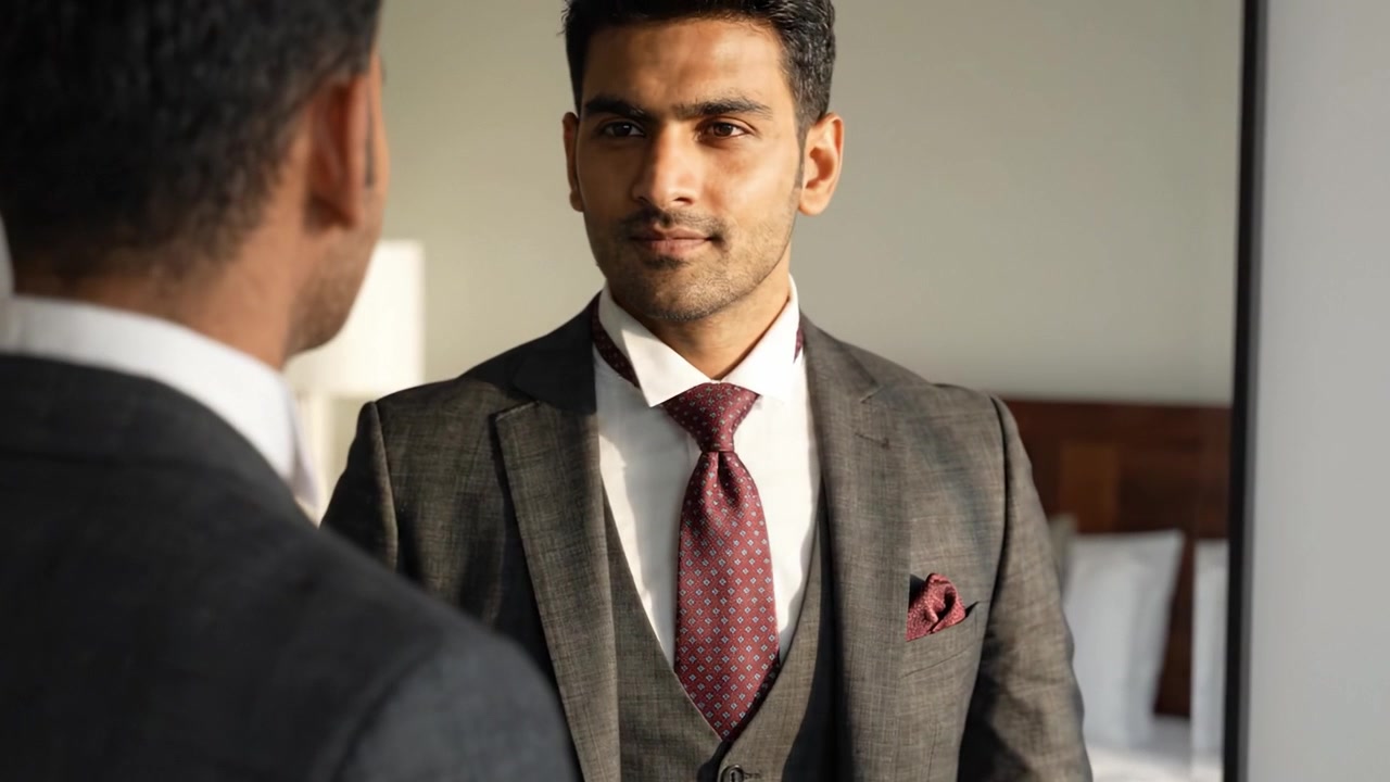 Un uomo sicuro di sé in abito formale riflette sul suo aspetto, mettendo in mostra stile e compostezza in una stanza ben illuminata con arredamento moderno e un'atmosfera professionale.