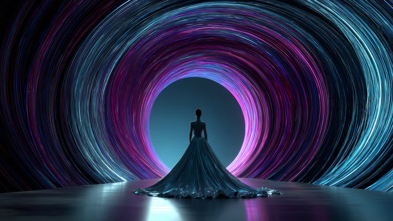A mesmerizing figure in a shimmering gown stands at the heart of a swirling vortex of vibrant colors, creating an enchanting scene filled with light and motion that captivates the viewer