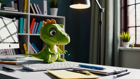 un lindo dinosaurio verde en una oficina moderna
