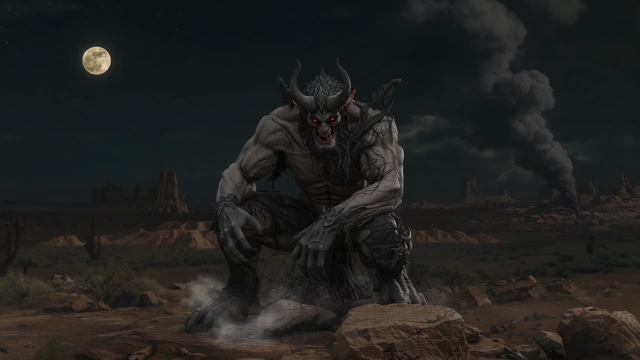 Crouching demon lifting head opening jaws preparing roar in desert under full moon, smoke rising