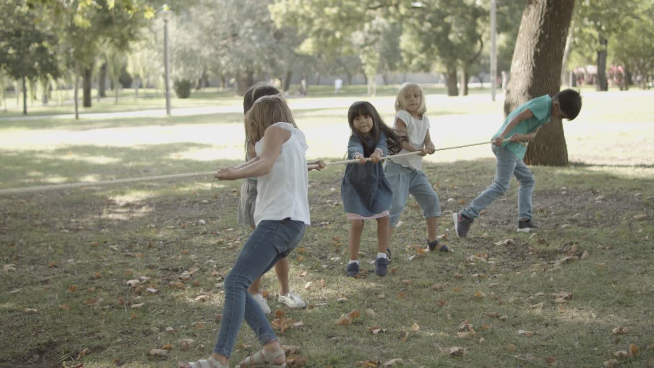 줄다리기를 하고, 함께 밧줄을 당기고, 공원에서 즐거운 시간을 보내는 귀여운 아이들
