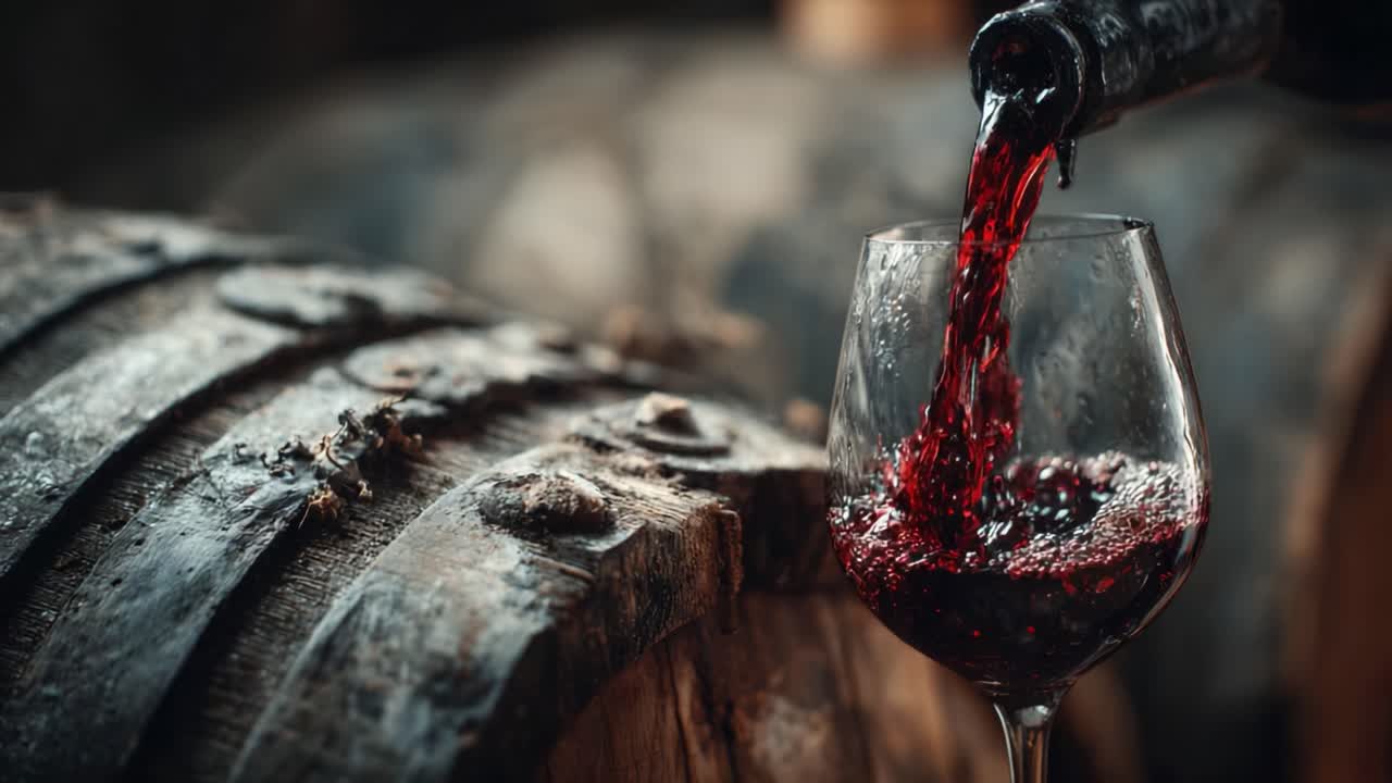 Um olhar atento sobre a arte de servir vinho: momentos cativantes em uma adega com um rico vinho tinto rubi enchendo uma taça em frente a barris de carvalho rústicos