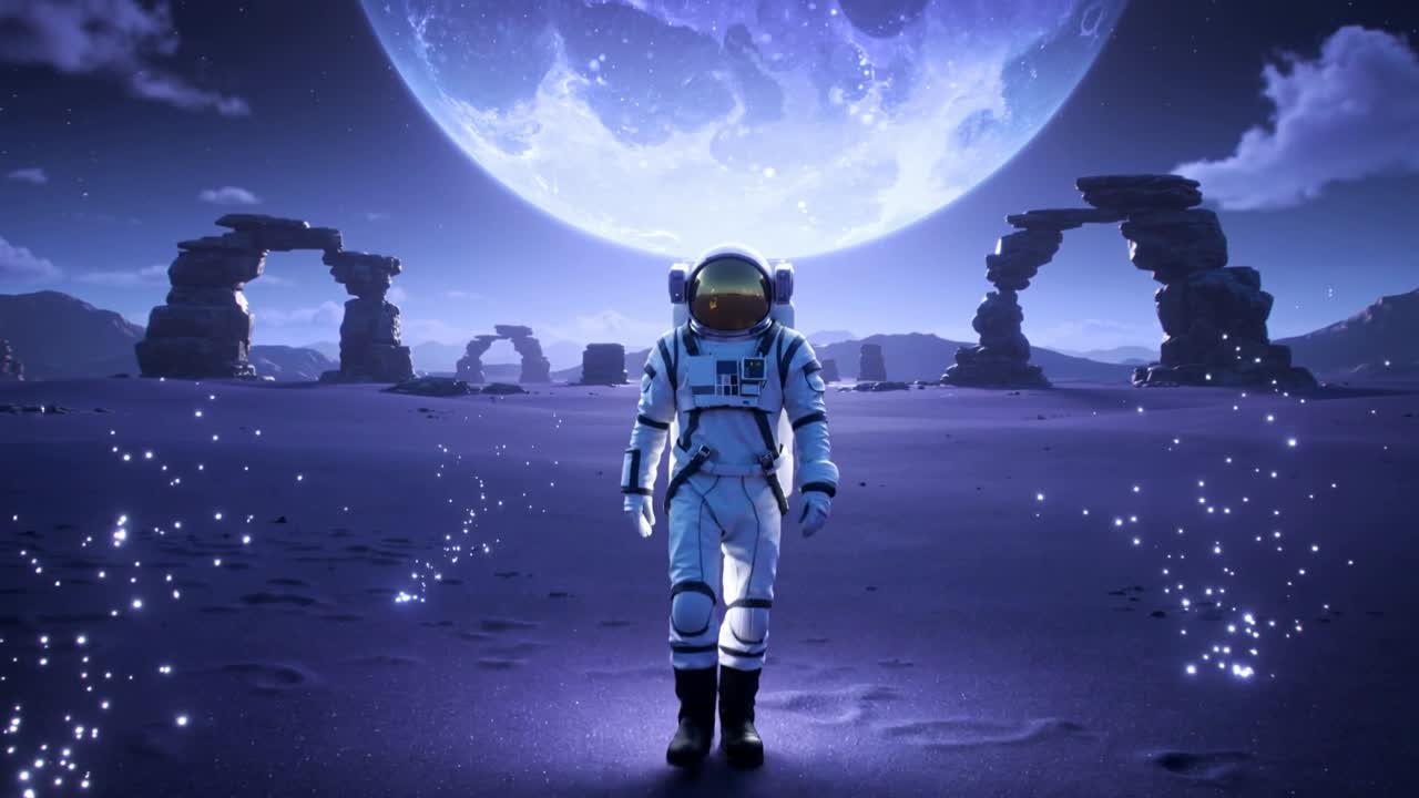 En gående astronaut i hvid dragt nærmer sig kameraet på en lilla slette, med et guldvisir, der viser månen.