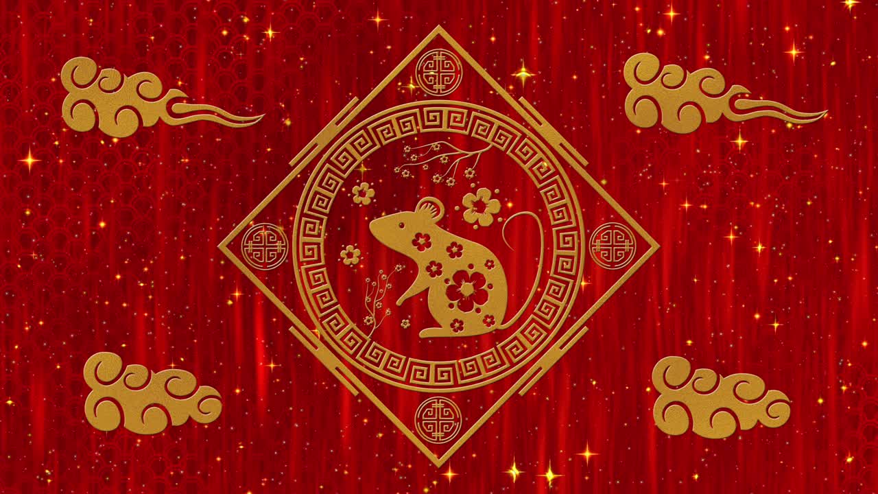 año nuevo lunar, fondo del festival de primavera con rata dorada, estrellas brillantes y nubes. año nuevo chino telón de fondo de papel rojo para el evento de vacaciones. animación de renderización 3d. bucle sin costuras 4k video