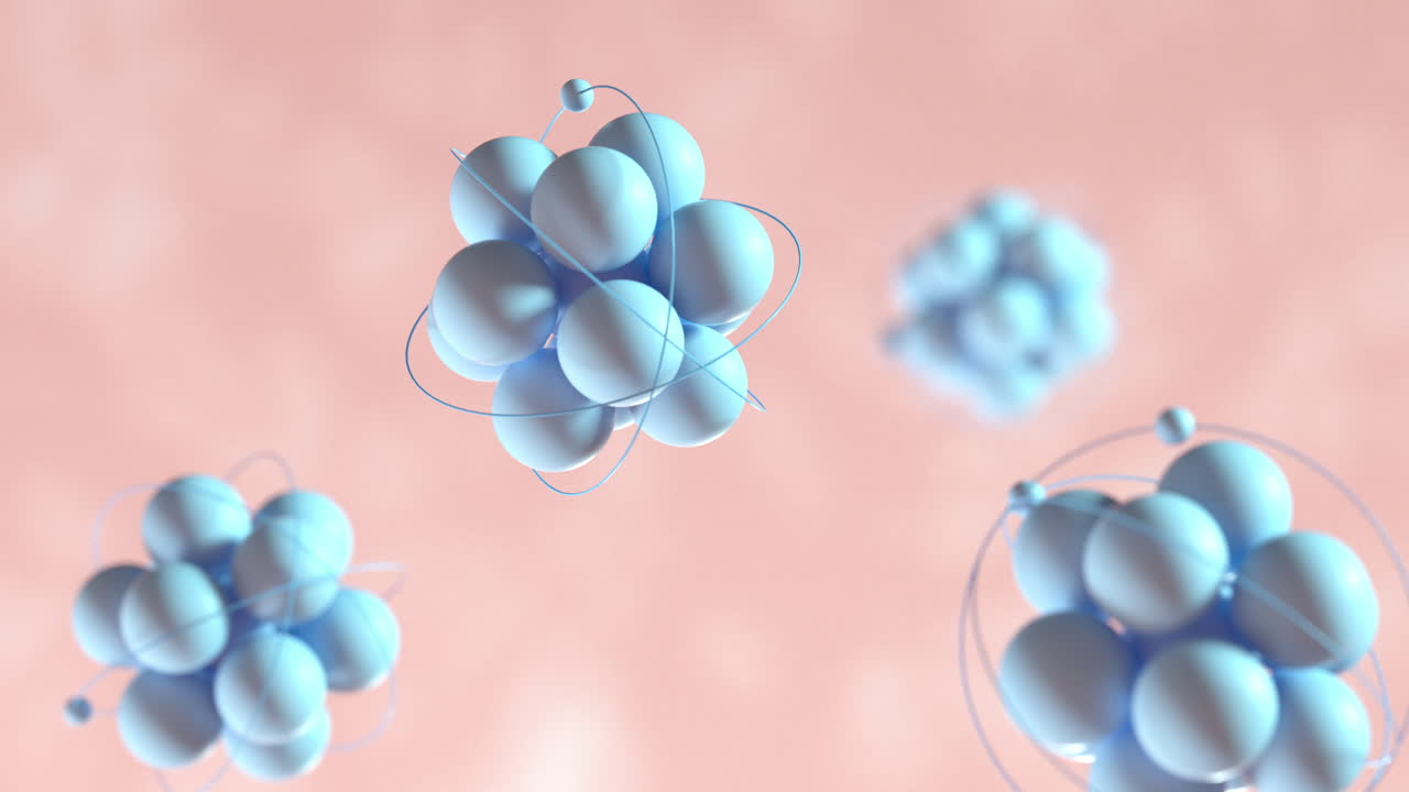 분홍색 유기 배경으로 원자 구의 움직임, 3d 렌더링.