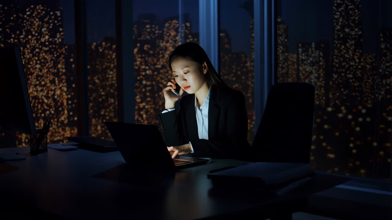 オフィスで夜遅くまで電話対応する若い女性ビジネスパーソン