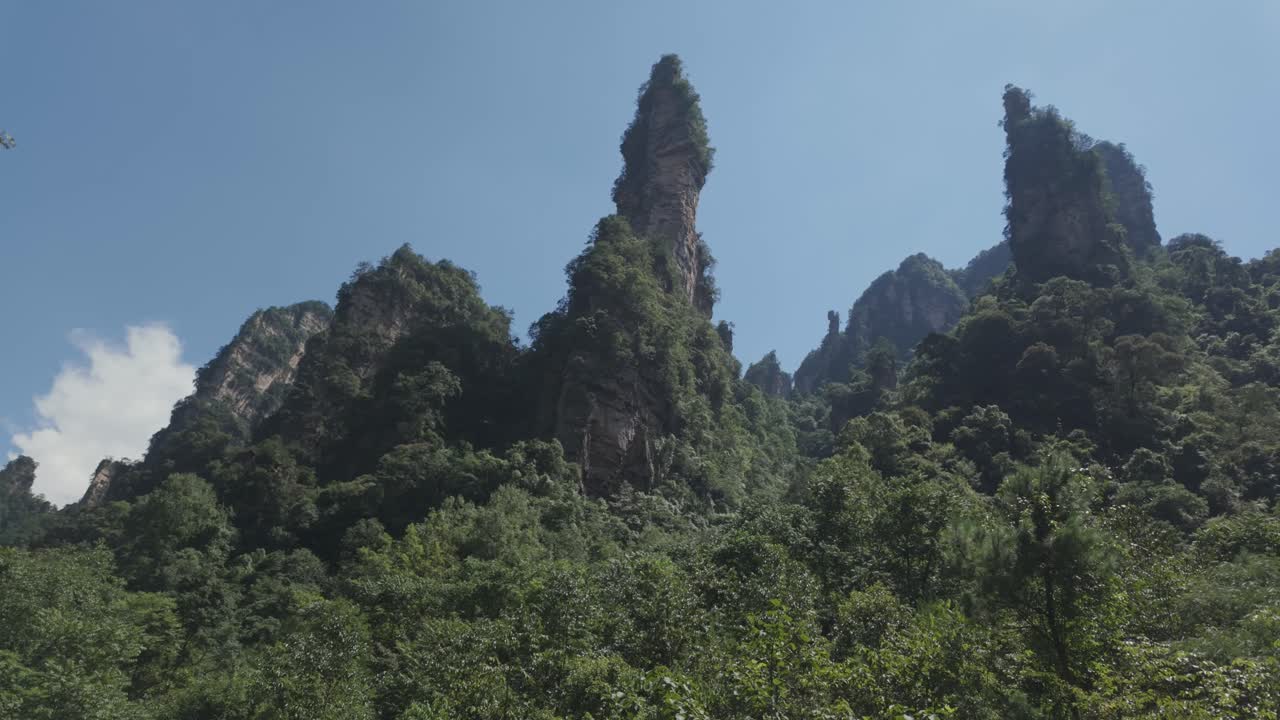Một cảnh quay quét ngang rộng cho thấy những ngọn núi trụ tuyệt đẹp và độc đáo của Công viên Rừng Quốc gia Trương Gia Giới ở Trung Quốc vào một ngày nắng đẹp. Hoàn hảo cho nội dung du lịch hoặc thiên nhiên