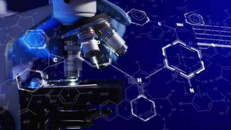 animación de estructuras químicas sobre el microscopio de laboratorio sobre fondo azul