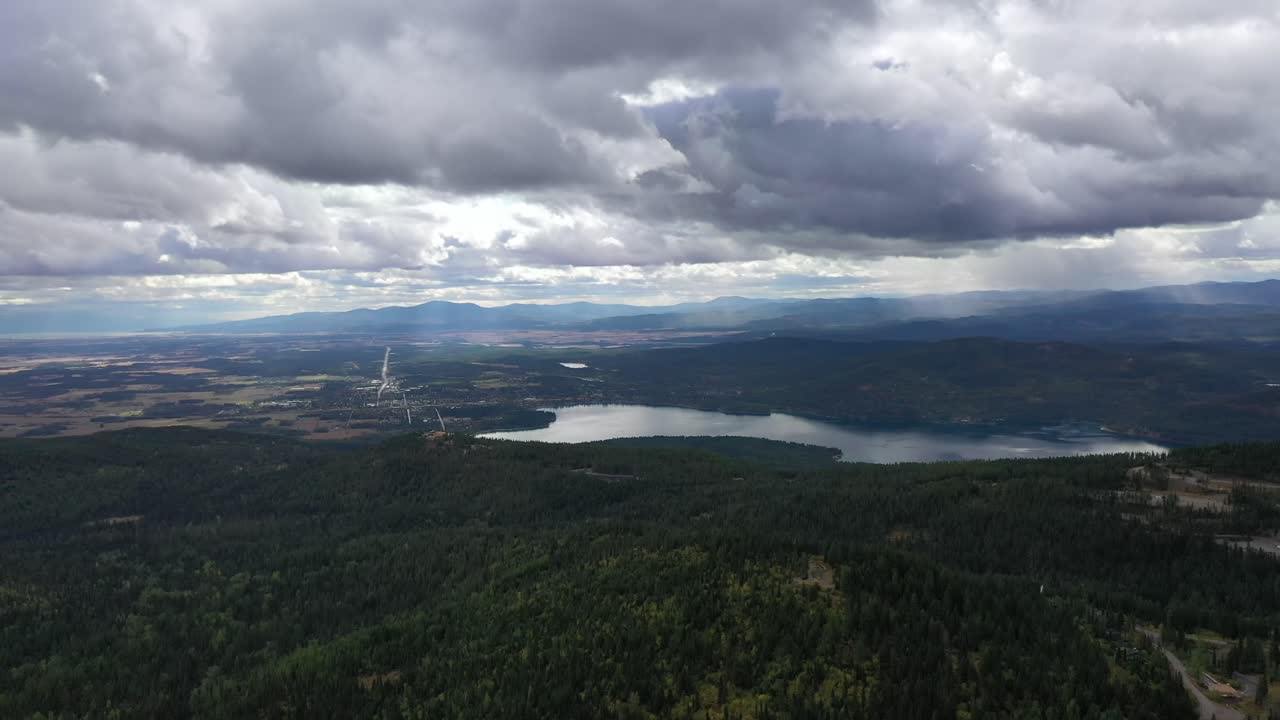 sombrío paisaje de lago y vasto bosque en un día nublado - toma aérea