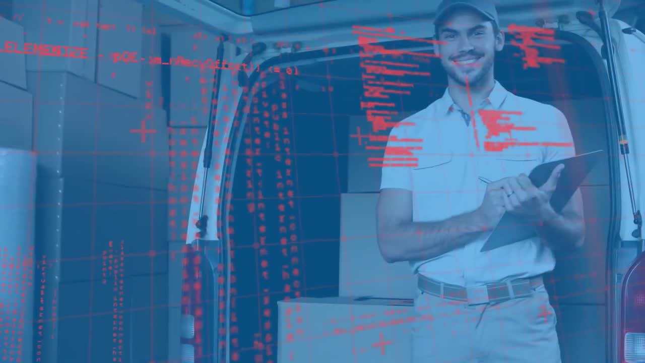 Databehandling med en kaukasisk leveringsmand med en udklipsblok, der kontrollerer lageret i varevognen