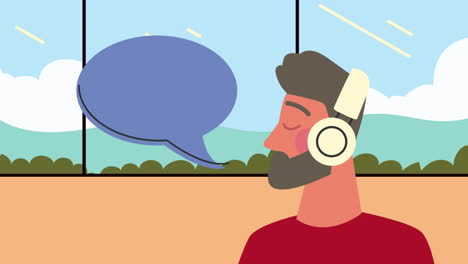 bearded man using earphones with speech bubble