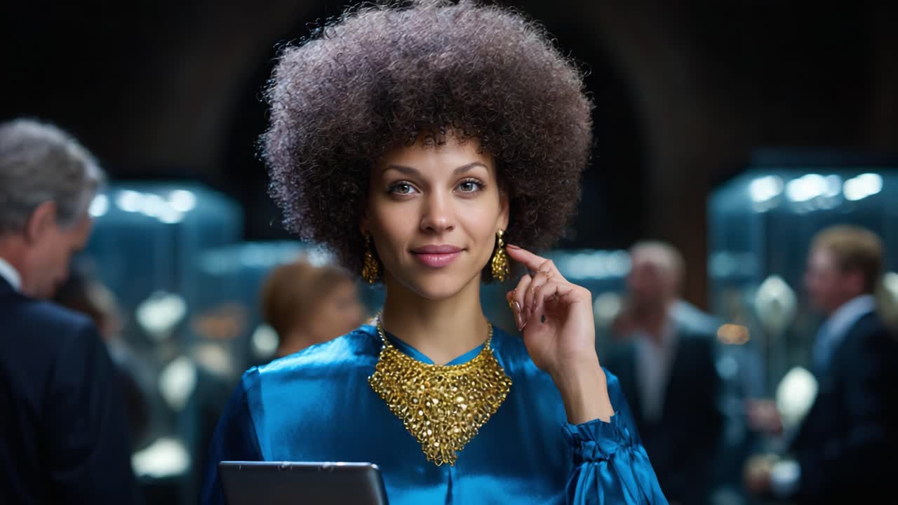 A Confident Woman in Elegant Blue Attire and Statement Jewelry Engages with an Audience Amidst a Lively and Sophisticated Environment, Capturing the Essence of Refinement