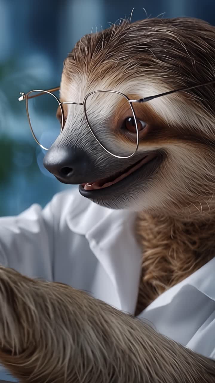 Un giocoso personaggio bradipo che indossa occhiali e un camice bianco da laboratorio mostra un sorriso affascinante, incarnando una personalità stravagante e divertente in un'ambientazione vivace.