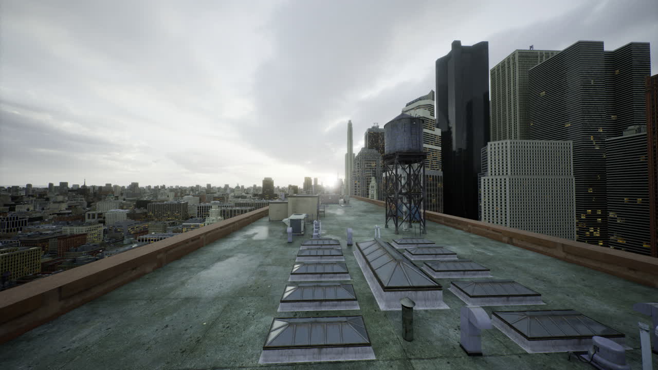 Rooftop view of new york city at dusk with modern skyline and water tower