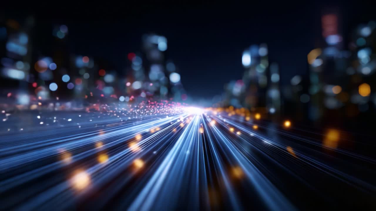 Scie luminose dinamiche ed effetti bokeh in un paesaggio urbano futuristico di notte con sfondo sfocato e colori vivaci che rappresentano movimento ed energia