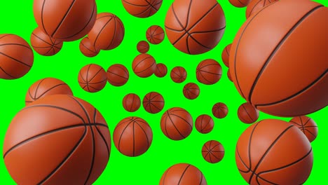 many basketball balls on green chroma key.