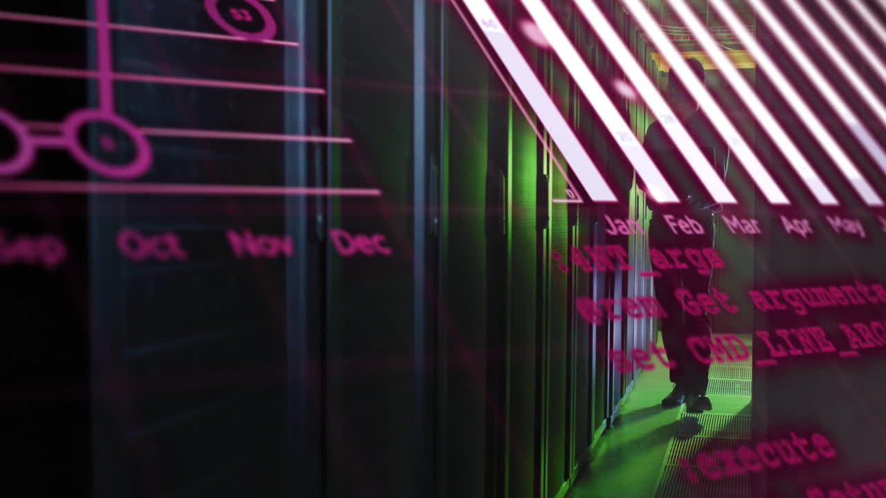 Data processing animation over server racks in dimly lit data center