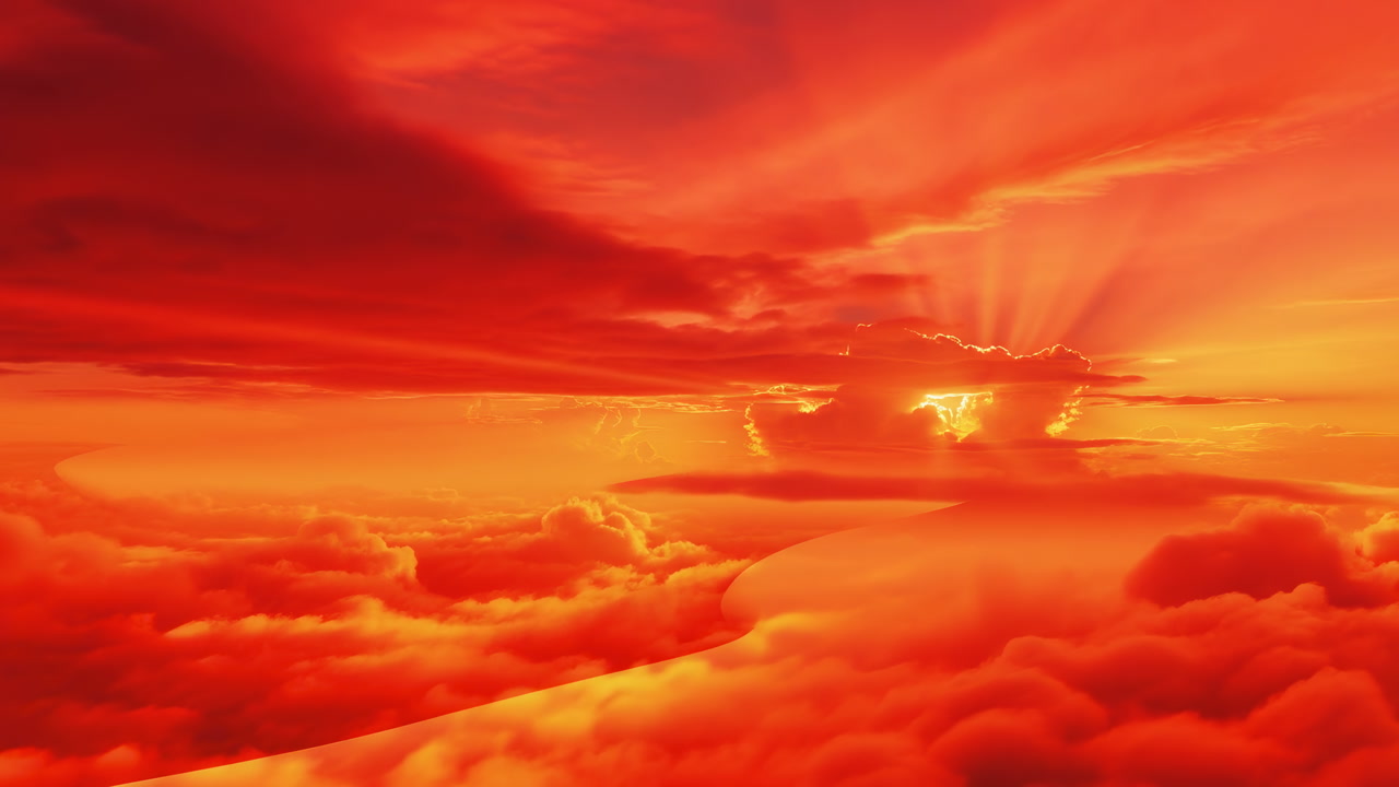 Fiery Orange Sunrise Above Cloudscape, Dramatic Sunbeams Piercing Rolling Red Clouds, Warm Golden Glow,