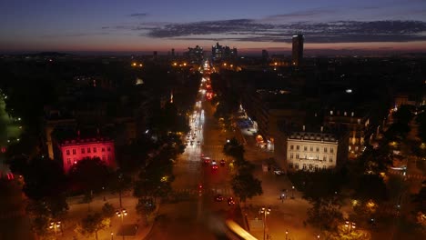 time lapse during night of paris la defense. view from the arc the triomphe.