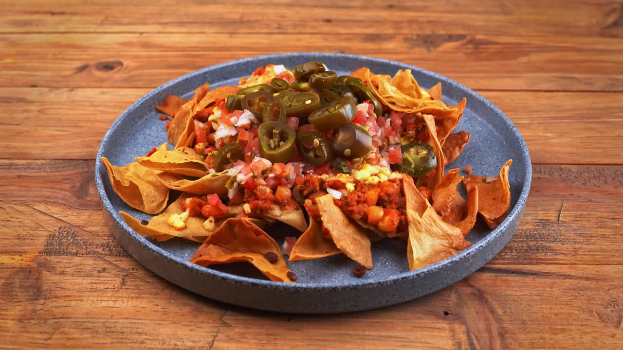 Detailed view of a delectable platter of nachos with a Mexican twist, adorned with fresh pico de gallo salsa and a dollop of flavorful guacamole