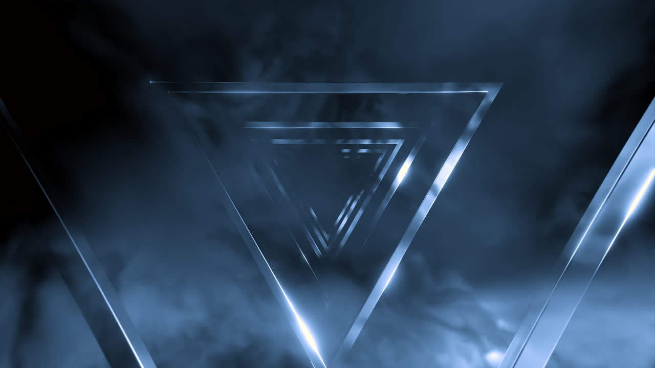 túnel triangular abstracto con humo y luces de neón