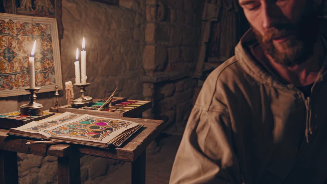 Scena di studio medievale con candele e manoscritti su un tavolo di legno