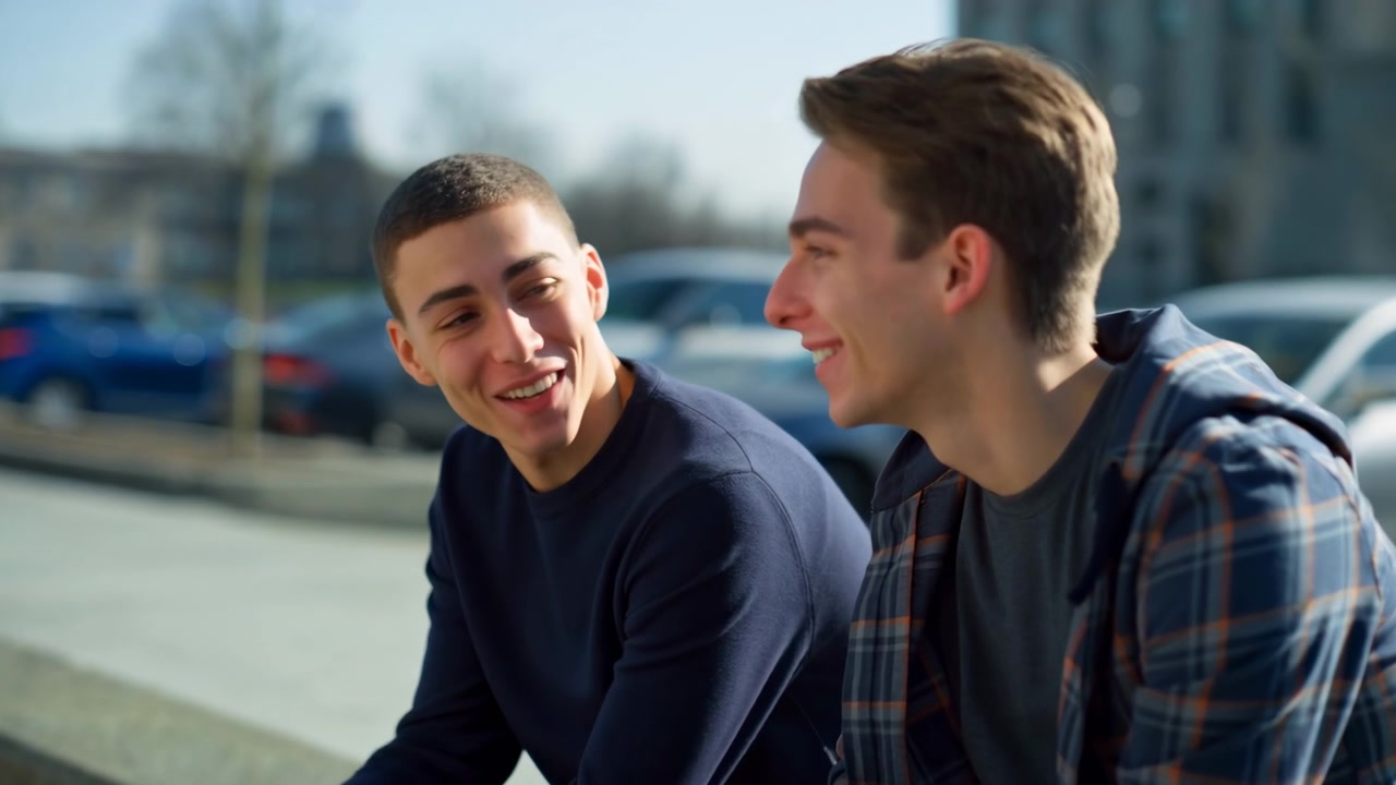 Due giovani uomini siedono fianco a fianco su un cornicione di cemento all'aperto, parlando e sorridendo in piena luce diurna con una scena stradale urbana sfocata dietro di loro.