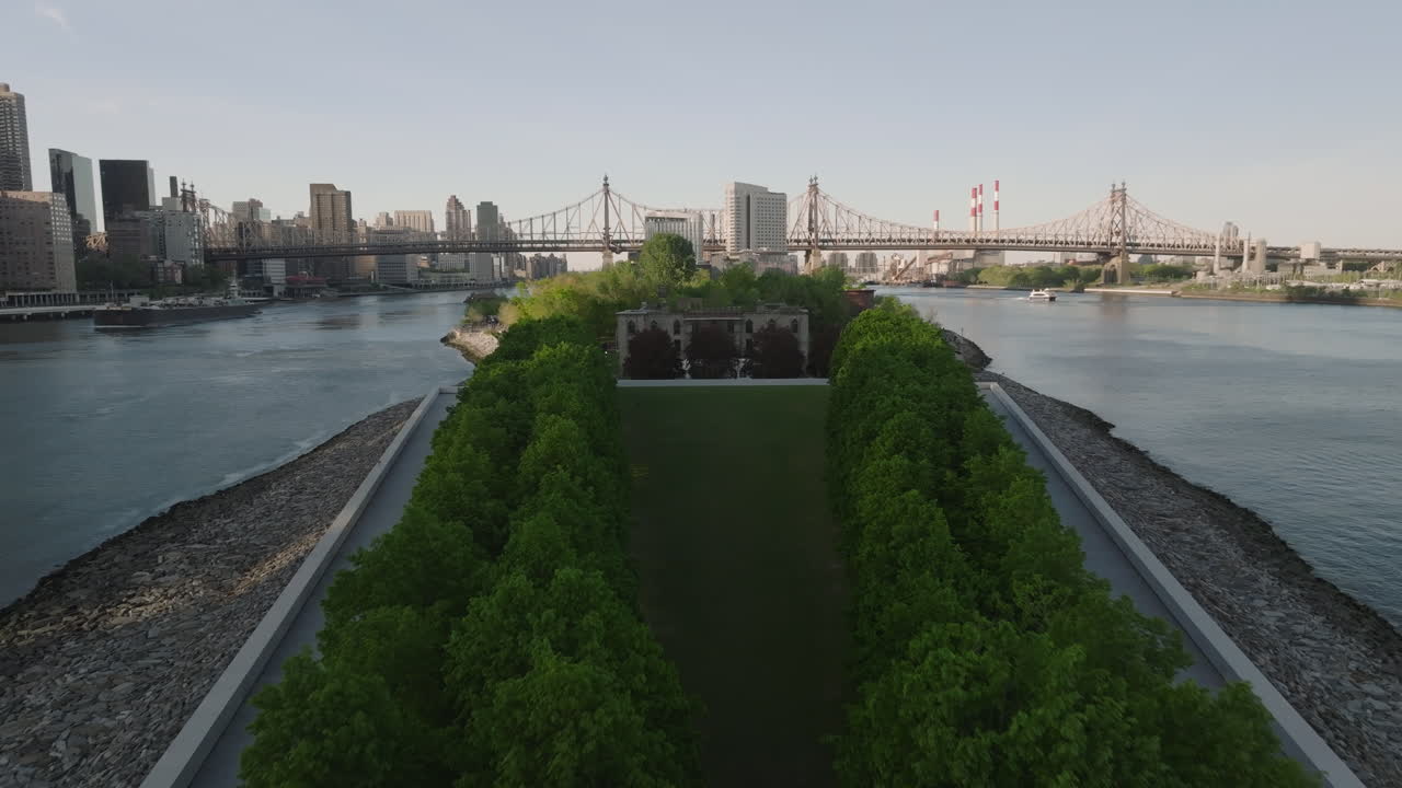 Aerial view of Roosevelt Island. Shot on a spring afternoon
