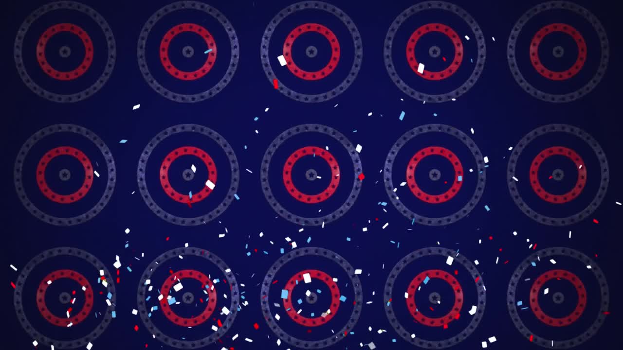 미국  ⁇ 발의 별과 줄무 ⁇ 로 회전하는 원의 줄에 떨어지는 콘페티의 애니메이션