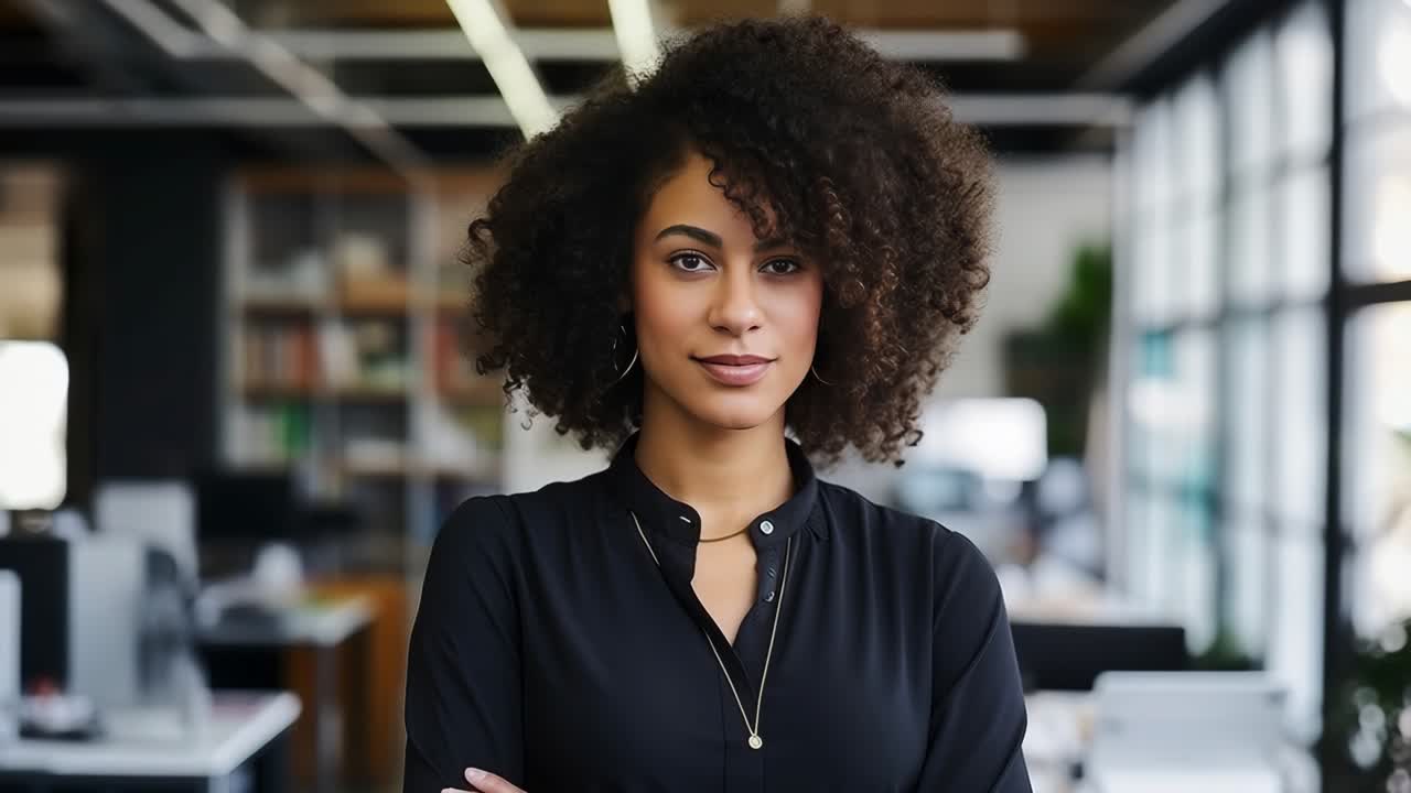 Portrait of a young manager standing with crossed arms in a blurred office background, representing professionalism, leadership, and success in a corporate environment