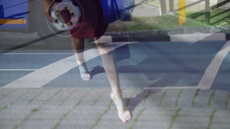 Animation-of-road-traffic-in-fast-pace-over-caucasian-woman-walking-in-city