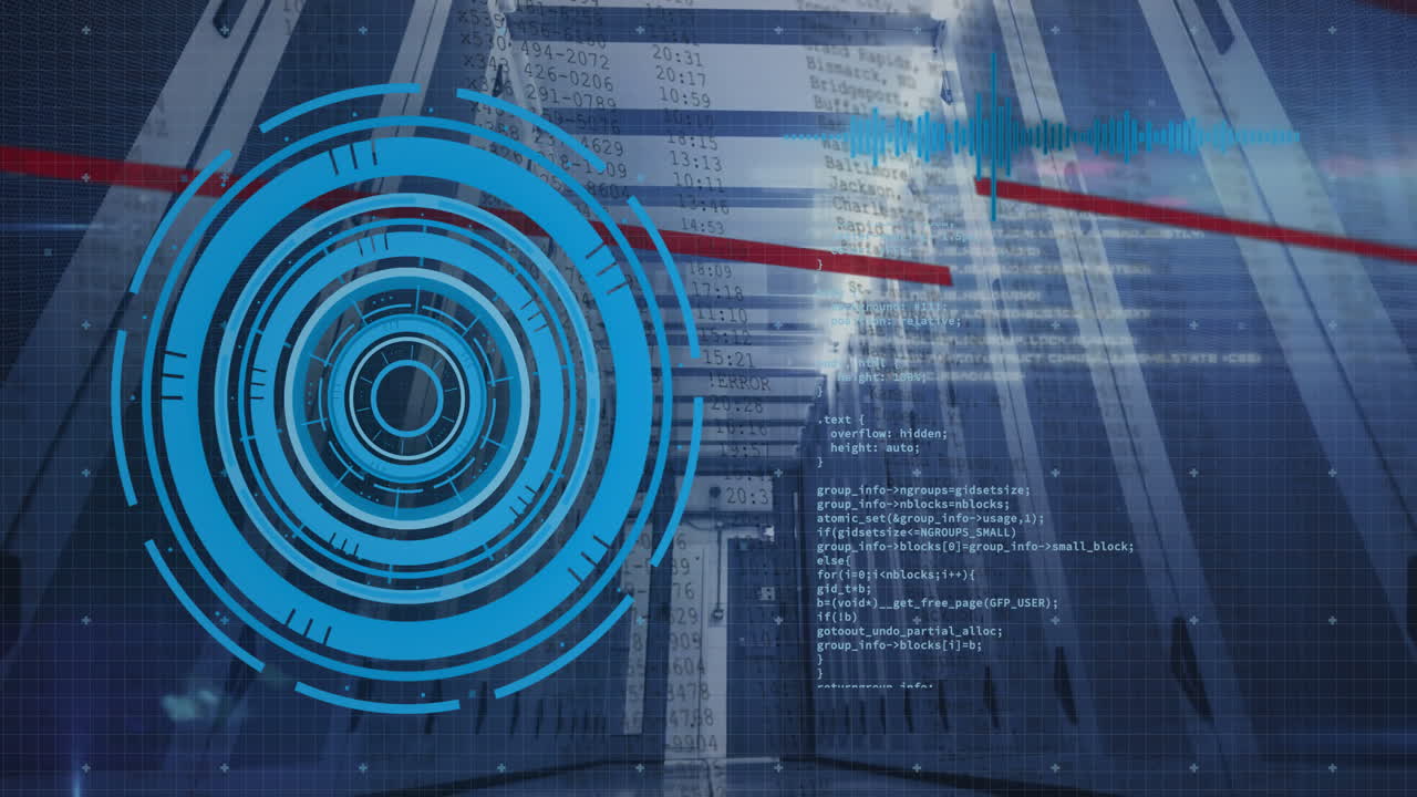 animación del escaneo del alcance y el procesamiento de datos sobre la sala del servidor