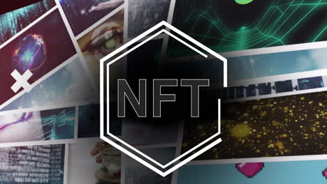 animazione di nft in esagono su schermi con dati diversi
