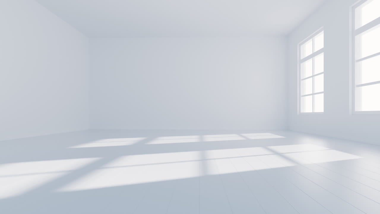 Stanza vuota con luce che entra, rendering 3D
