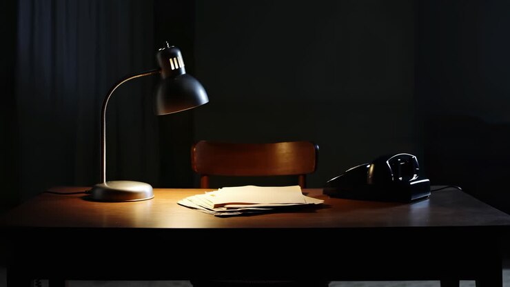 Dim Desk Lamp Illuminates Papers On Wooden Table, Empty Chair Beside Rotary Phone And Scattered Files, Warm
