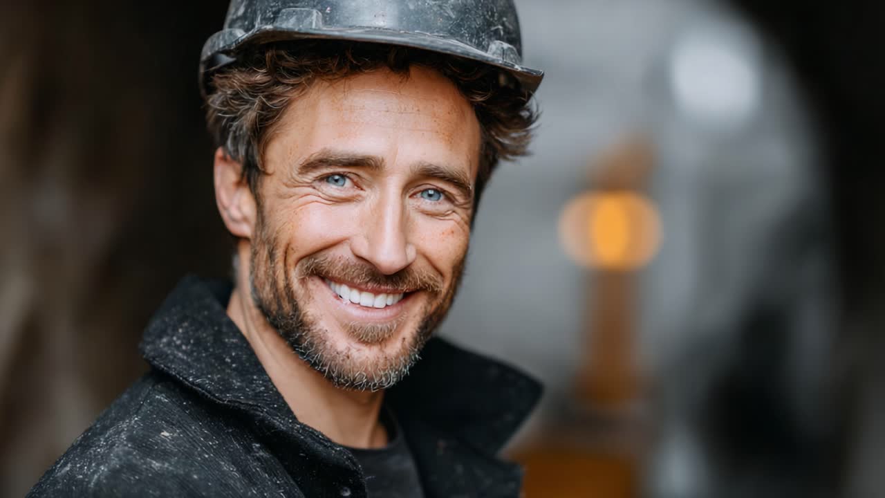 Smiling Male Construction Worker in Helmet Showcasing Professionalism and Confidence Amidst a Work Environment