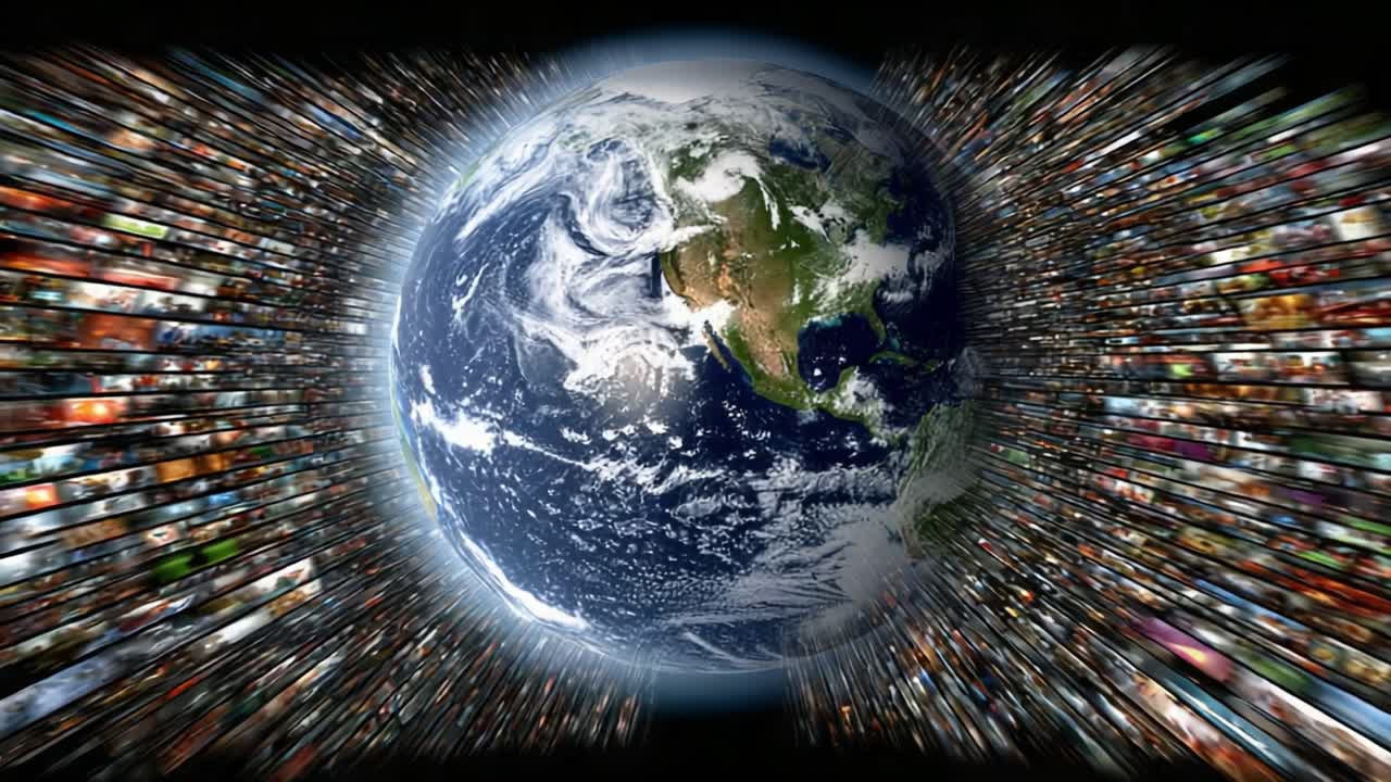 A Dynamic Perspective of Earth Surrounded by an Expanding Sea of Digital Imagery, Representing the Convergence of Nature and Technology in Infinite Possibilities