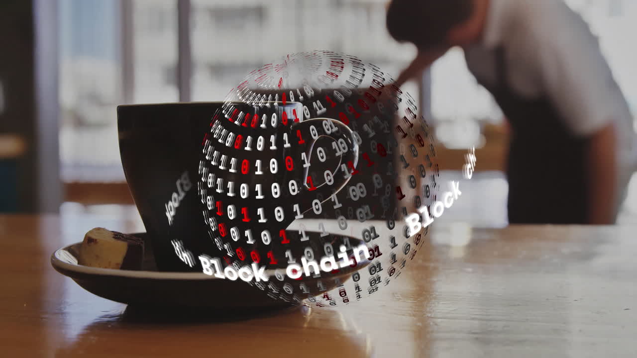 Black coffee cup floating above wooden table, glowing with swirling blockchain sphere in 3D render