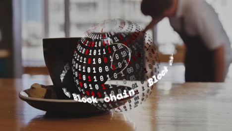 black coffee cup floating above wooden table, glowing with swirling blockchain sphere in 3d render