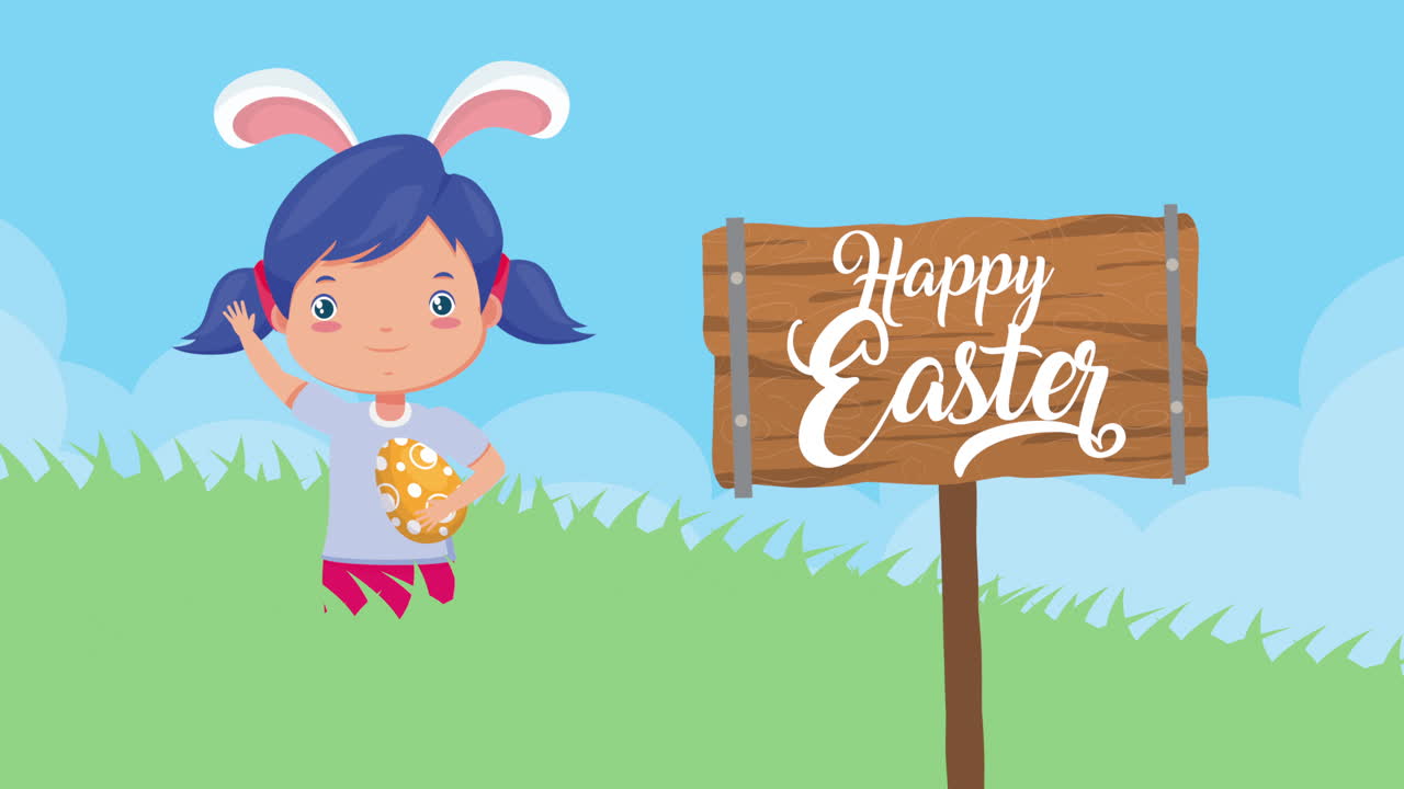 buona pasqua cartolina animata con una bambina che usa le orecchie di coniglio